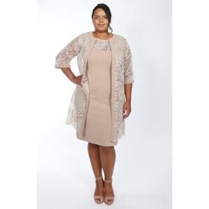 MAYA BROOKE 2 Piece Size 12 Latte Lace Dress & 3/4 Sleeve Lace Jacket Set NWT